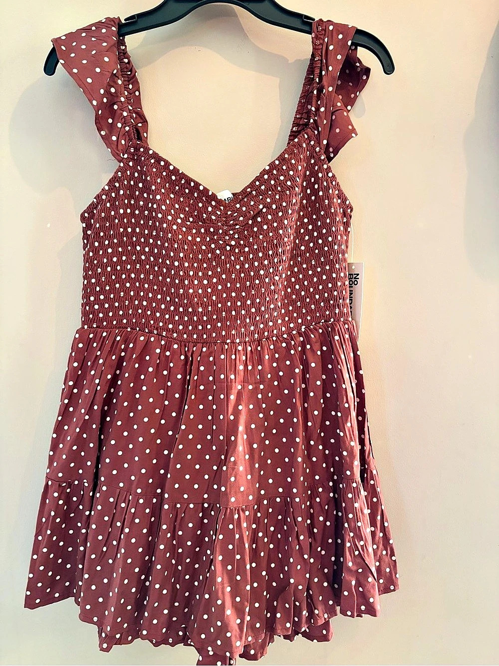 NWT No Boundaries Rum Raisin Polka Dot Smocked Romper M 8-10